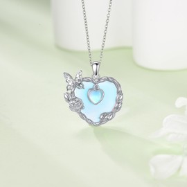 Dralox Moonstone Necklace for Women Sterling Silver Butterfly Flower Heart Necklace Fine Jewelry Anniversary Birthday Gifts for Women Wife Mom