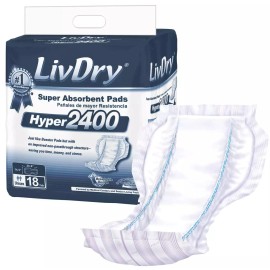 LivDry Hyper 2400 Incontinence Pads 18 Count Comfortable Leak Proof Inserts