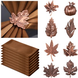 Suttmin 8 Sets Fall Thanksgiving Cloth Napkins and Napkin Ring Holders Reusable 8 Pcs Napkin Ring Holders with 8 Pcs Cloth Napkins for Party Table Decoration(Maple Leaf)