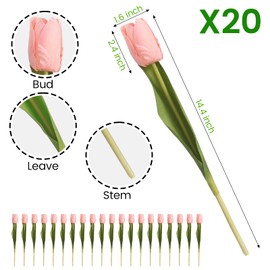 KTGOW Artificial Tulips - 20 Stems Realistic Fake Tulip Flowers, Moisturizing Feel, UV-Resistant, Anti-Fade, Waterproof Silk Flowers for Home Decor, Wedding, Party, DIY (Pink)