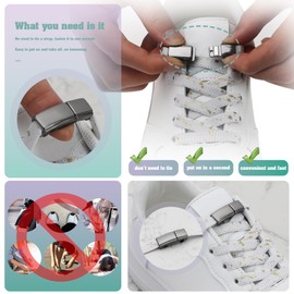 LT Easiyl 1 Pair No Tie Elastic Shoelaces Gunmetal Grey Magnetic Buckle & White Shoelaces Tieless Lazy Laces fit Sneakers Canvas Boots for Cycling Walking Traveling