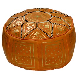 Moroccan Pouf Ottomans Hand Made Leather Luxury Footstools Cover Orange