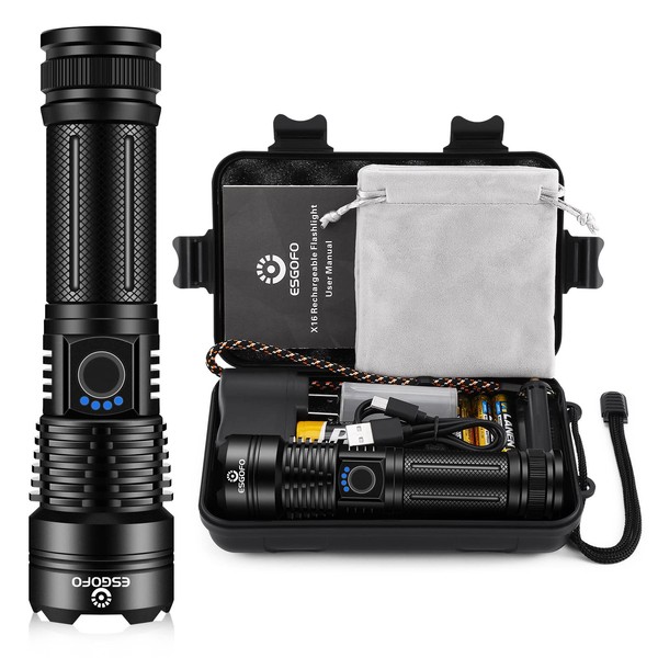 Esgofo Flashlight High Brightness Rechargeable, High Output 20000 Lumens PHX 90 LED Flashlight, Super Bright and Powerful USB C Flash, Durable, Suitable for Remote Camping Hiking in Emergency