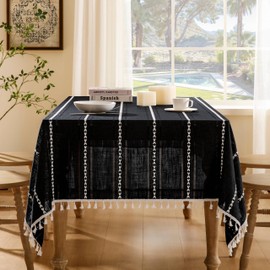 ZeeMart Hemstitched Embroidery Striped Boho Tablecloth 54x70 Inch Black, Heavy Weight Farmhouse Burlap Linen Black Tablecloth, Wrinkle Resistant Washable Table Cloth for Rectangle Table