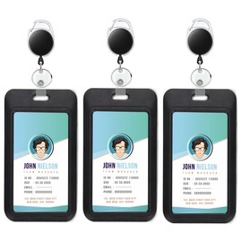 Syyflibb 3-Pack Black Badge Holders with Retractable Keychains – Multi-Card ID Card Holder Reels for Work, Office, Lanyards (Fits 2-3 Cards)