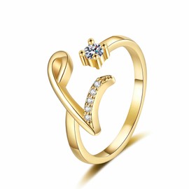 Initial Letter Ring for Women Girls Gold Plated Stackable Alphabet Rings Adjustable Open Cubic Zirconia Inlaid Rings Thumb Finger Comfort Fit Bridesmaid Gift Jewelry for Girlfriend Mom (L)