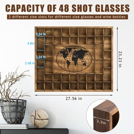 GlikCeil Large World Map 44 Slots Shot Glass Display Case 28 x 23'' Rustic Wood Shot Glass Holder for 2 Sizes Wineglass Bar Shelf Organizer Wall Mount Storage Shadow Cabinet Decor (Brown)