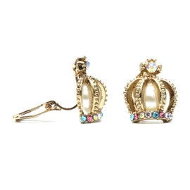 Idin Jewellery - Gold-tone crown adorned with crystal and faux pearl clip on earrings