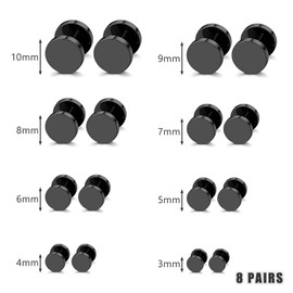 SYEYCW 8 Pairs Black Earrings, Black Stud Earrings, Studs Stainless Steel Earrings, 3mm-10mm Screw Studs Earrings Set, Hypoallergenic Black Earrings Ears Plugs, Black Earrings Set for Men and Women