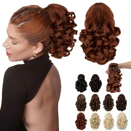 Fanguilar Ponytail Extension, 9" Short Claw Clip Ponytail Extension Curly Wavy Jaw Clip on Pony Tails Hair Extension Synthetic Hairpiece for Women, Copper Red
