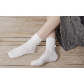 SRYL Women Ankle Socks Ruffle Turn-Cuff,Lovely double needle solid color edge relent Girl socks (White-1 pairs)
