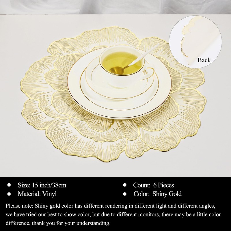 Floral Round Placemats Set of 6 Gold Vinyl Table Mats