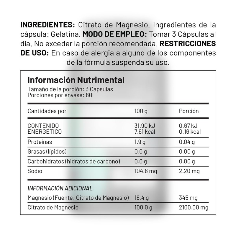 Citrato de Magnesio. Alta absorción con 240 cápsulas. Magnecaps de