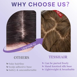 TESSHAIR Human Hair Topper with Bangs, 100% Remy Toppers Hair Pieces for Women, No Tangle & Smooth, Clip on Bangs 10 Inch #02 Dark Brown