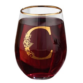 Unique Stemless Floral Monogram Wine Glass Engraved-Initial Wine Cup for Red or White 15oz Wine Glass Cup Letter C- Gifts for Women Men Birthday Christmas Gifts Wedding Bridesmaid Proposal