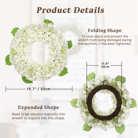 Oairse 20 inch Spring Summer Wreath for Front Door, Artificial White Hydrangea Flower Door Wreath Hydrangea Decor for Farmhouse All Year Indoor Outdoor Home Window Wall Front Porch