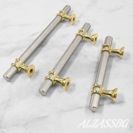 Alzassbg 10 Pack Satin Nickel and Gold Cabinet Pulls, 3-3/4 Inch(96mm) Hole Centers Kitchen Hardware Knurled Cabinet Handles for Cabinets and Drawers AL3087KGP-BSN
