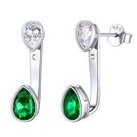 ChicSilver 925 Sterling Silver Double Pear Shape Cubic Zirconia Earrings Studs Birthstone Ear Jacket Front Back Ear Cuffs Stud Earrings