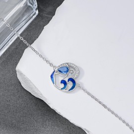 KZQRG Turtle Bracelet for Women 925 Sterling Silver Blue Turtle with Wave Link Bracelet