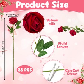 Hoemwarm 36 Pcs Velvet Silk Red Rose Bouquet Bridal Artificial Flowers,Fake Rose Long Stem Realistic Flowers Bulk for Wedding Bouquet Ball Arrangement Centerpiece Party Decor