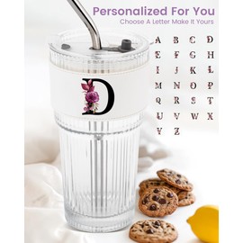 Initial Glass Cup with Lid Coffee Straw Ribbed Ice Tea Matcha Latte Clear Tumbler Women Coworker Co Work Colleague Secretary Assistant Nurse Team Appreciation Member Bulk Thank You Employee Gift D