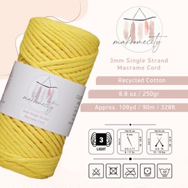 Makromecity Macrame Yarn 3 mm x 90 m (100 Yards) Premium Single Twisted Macrame Cord Cotton Yarn for Crafts Key Ring Home Decorations Place Plate Shoulder Bag Handbag Runner
