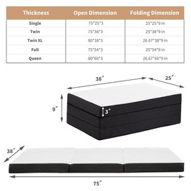 LivableLuxury Folding Mattress, Tri-fold Memory Foam Mattress Topper for Camping, Foldable Mattress Topper with Washable Cover, Various Sizes, White - Bedding Size: Twin, Style: 3 Inch