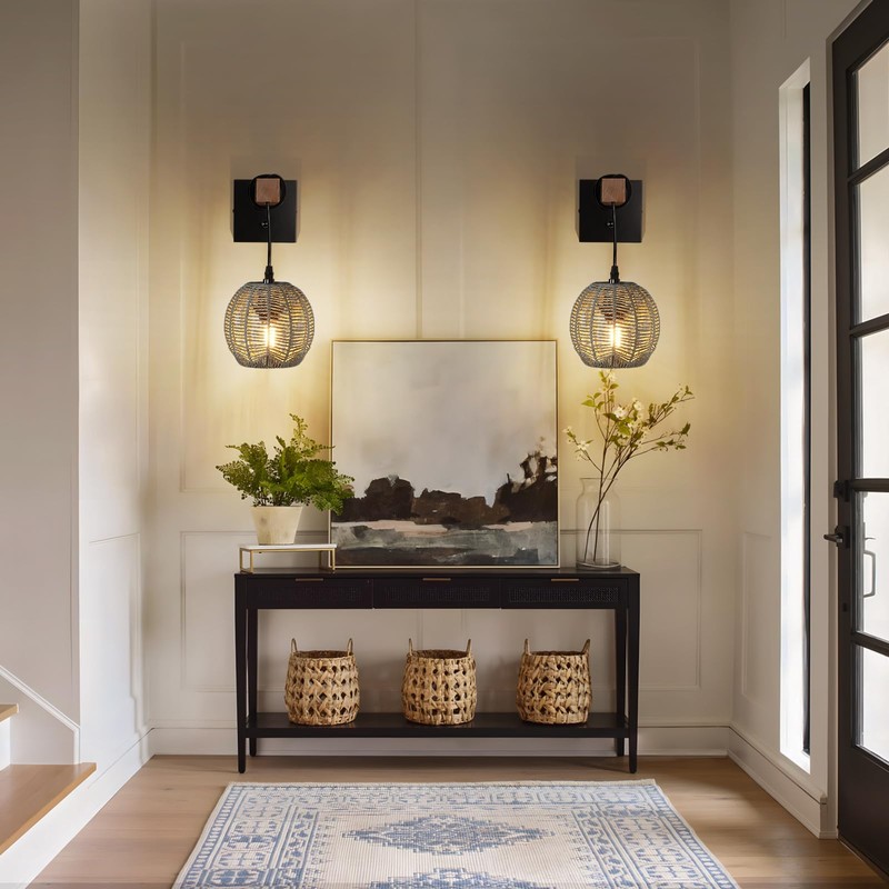HYMELA N01 100% Dimmer Wall Sconce with Hand Woven Rattan