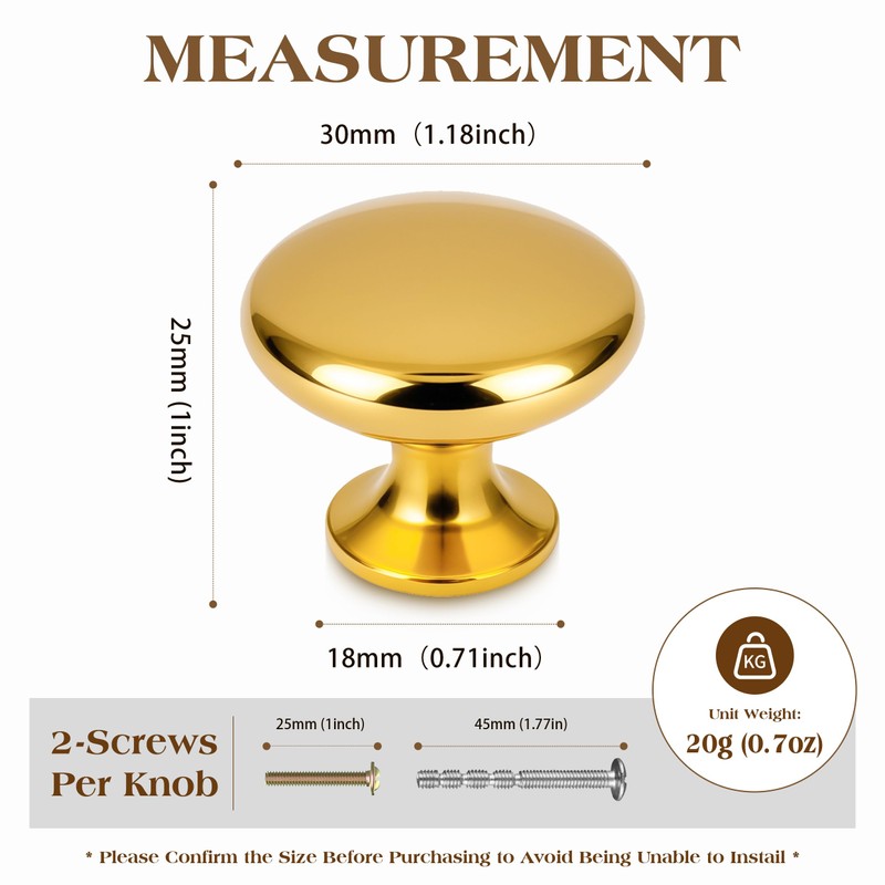 Syclishorn Pack of 6 Round Cabinet Knobs, Kitchen Knobs, Gold
