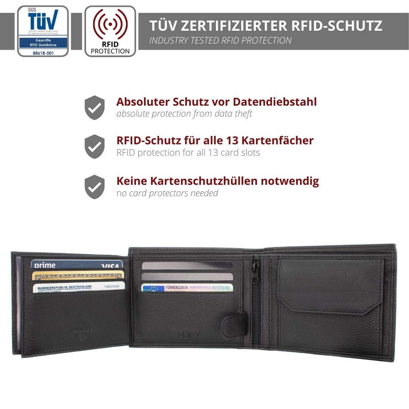 Men's Leather Wallet, Black, - TÜV Tested, RFID Protection I