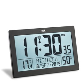 ADE Digital Radio-Controlled Clock with Large XL Display Calendar with Temperature Display and Hygrometer Wall Clock Radio Alarm Clock with 2 Alarm Times and Snooze Function Black