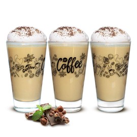 Sendez 6 Latte Macchiato Glasses 310 ml Coffee Glasses Tea Glasses with Black Coffee Print