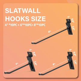HUHOLE Black Slatwall Hooks 4 Inch, 6 Inch, 8 Inch, 30PC, Slat Wall Hanging Hooks, Metal Thick Slatwall Accessories for Garagre Tool Organization, Wall Storage, Retail Display, Workplace (4+6+8 Inch)