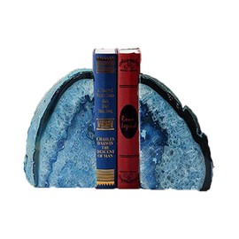 JIC Gem Blue Agate Bookends Geode Book Ends for Shelves Decorative Crystal Bookends Heavy Duty Bookend Bookshelf Decor with Rubber Bumpers(1 Pair, 3-4 LBS)
