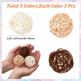 SUNNYCLUE 15Pcs 3 Colors Rattan Decorative Balls Wicker Rattan Balls 2 Inch White Beige Dark Brown Orbs Bowls Vase Fillers Wicker Ornaments for House Party Wedding Crafts Hanging DIY Accessories