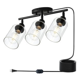 Modern Dimmable 3 Light Plug in Ceiling Light ,Black Plug in Track Lighting Kit with 16.5' extra-long cord with switch,Clear Glass Shade,Flexibly Rotatable Light Head,Modern Industrial Farmhouse Style