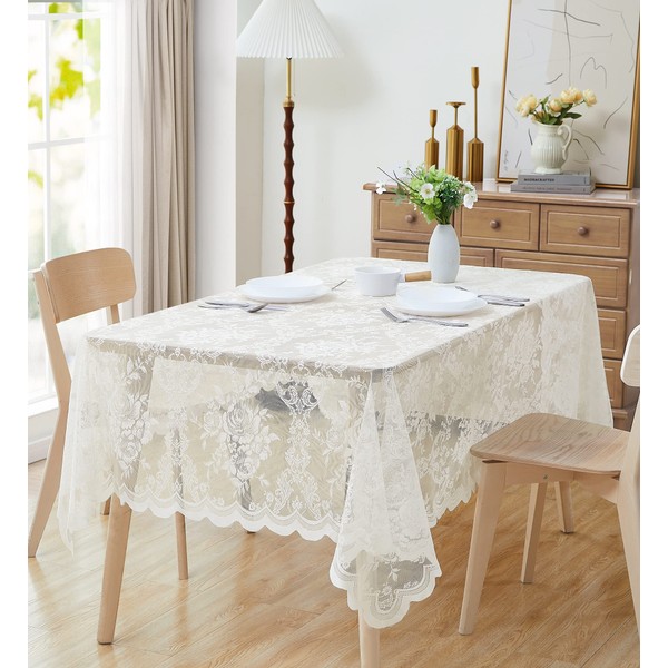 LinenZone Beautiful Oblong Lace Tablecloth with Elegant Scalloped Bottom for