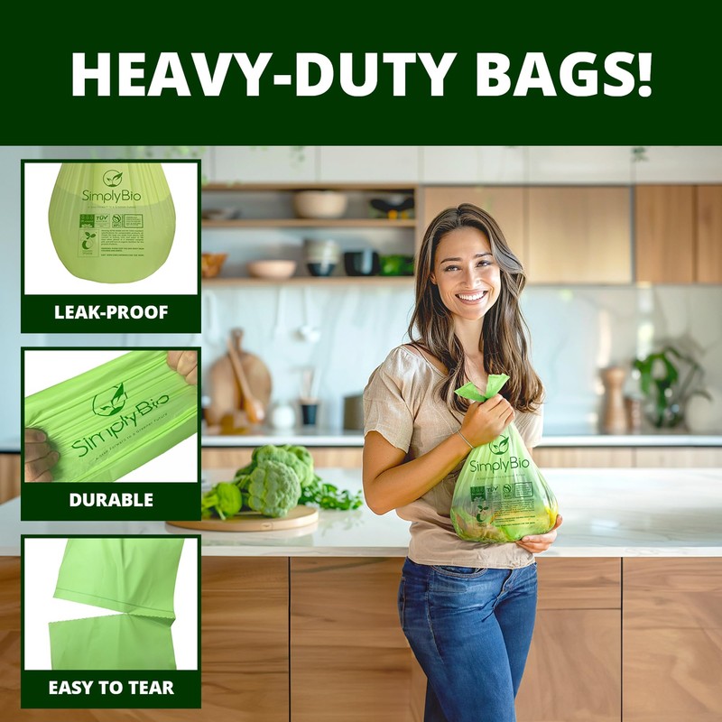 Simply Bio 1.6 Gallon Compostable Trash Bags Drawstring, Heavy Duty