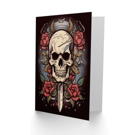 Artery8 Skull Dagger and Roses Tattoo Style for Him or Her Man Woman Birthday Thank You Congratulations Blank Art Greeting Card
