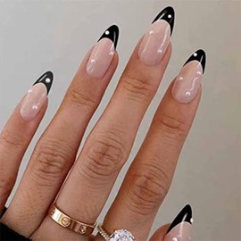 Black French Tip Press on Nails Almond Medium Fake Nails Press ons with Cute White Pearl Glue on Nails Glossy Acrylic False Nails Nude Stick on Nails for Women Girls 24 Pcs