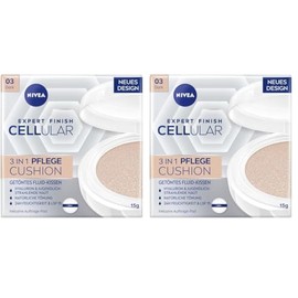NIVEA Cellular Expert Finish 3in1 Pflege Cushion für dunkle Hauttöne (15 g), Make-up mit Hyaluron, Kollagen-Booster und LSF 15, feuchtigkeitsspendende Cushion Foundation (Packung mit 2)