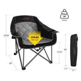 FAIR WIND Oversized Padded Camping Chair Heavy Duty Quad Fold Arm Chair Portable for Outdoor - Support 450LBS, Black