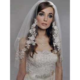 Bmirth Bride Wedding Veils White Bridal Tulle Veils 2 Tier Fingertip Length Bridal with Flower Lace Edge and Comb (A-white) (White veil)