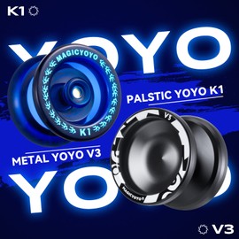 MAGICYOYO Responsive Yoyos for Kids Beginners, Pro Yoyo 2 Pack, Dual Funtion Metal Yoyo V3 + Plastic Yoyo K1 Plus with 12 Yoyo Strings, 2 Holes Yoyo Case Bag, Yo-Yo Accessory Kit (V3 Black + K1 Blue)