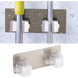 BWESOO 1Pc White Mop Broom Holder Wall Mounted, Holder Self Adhesive Mop Grip Holders Wall Mounted Hanger Organizer, Mop Hanger Heavy Duty with Hooks Mop Handles Waterproof, Super Adhesion