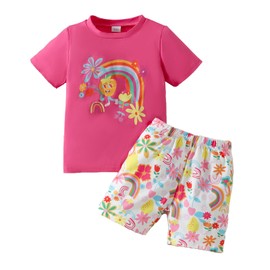 Ayzozuy Kid Toddler Girl Clothes Summer Rainbow & Floral Print Tee & Shorts 2PC Girls Summer Short Set(4-5T)