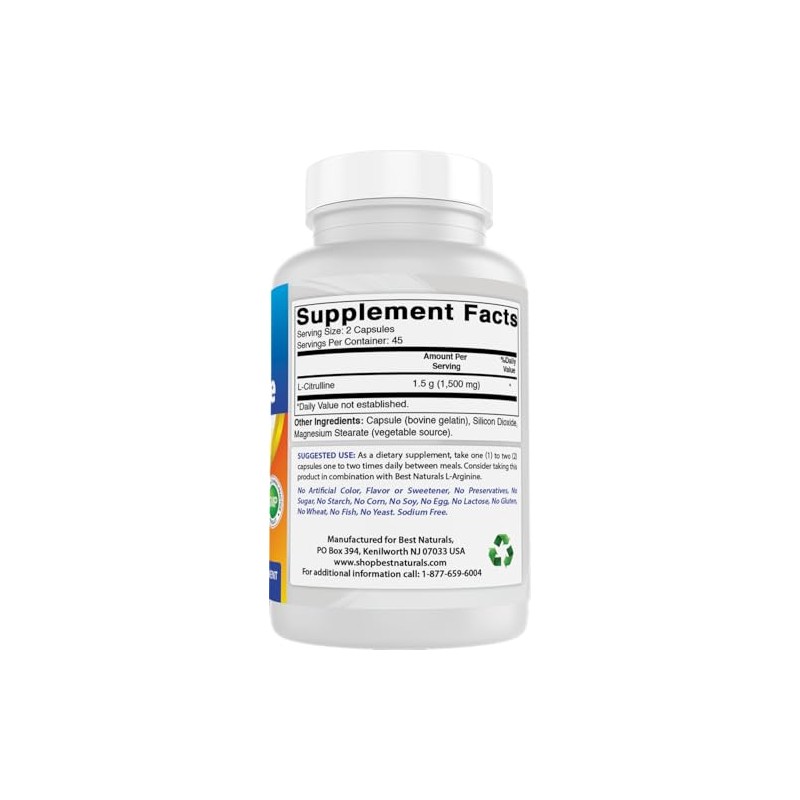 Best Naturals L-Citrulline Capsules - 1500mg/Serving - Non-GMO - Gluten