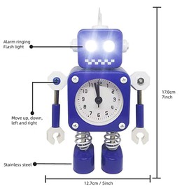 Diskary Robot Alarm Clock,Stainless Metal Non-Ticking Wake-up Clock with Flashing Eye Lights and Rotating Arm,Gift to Children (Blue)