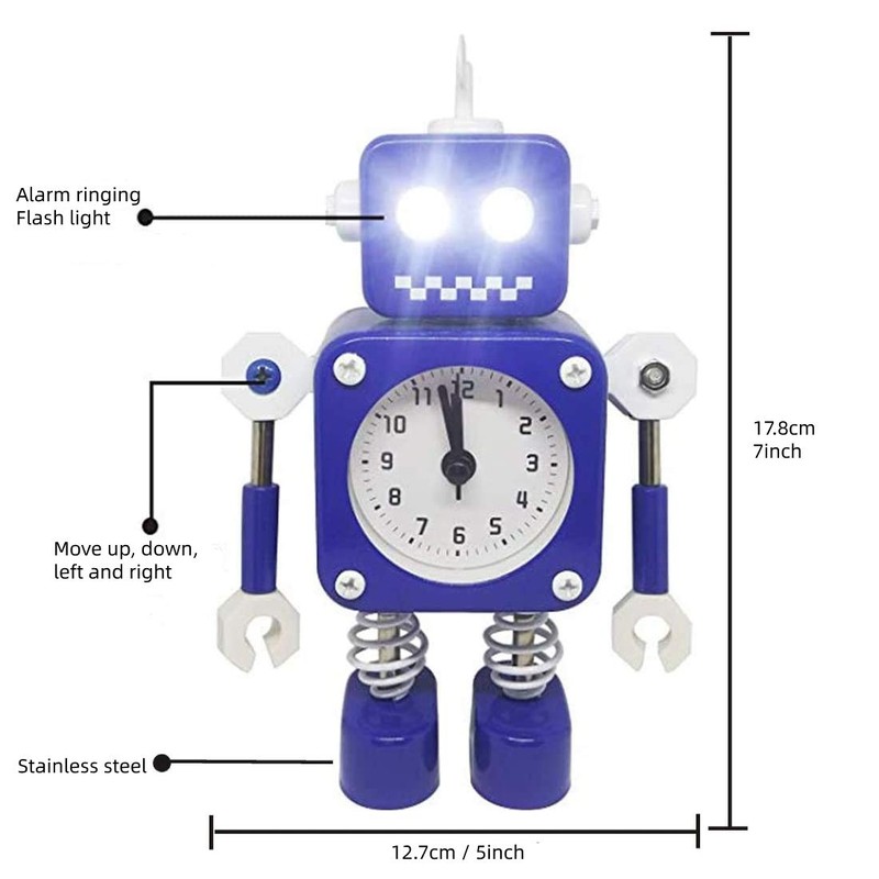 Diskary Robot Alarm Clock,Stainless Metal Non-Ticking Wake-up Clock with Flashing