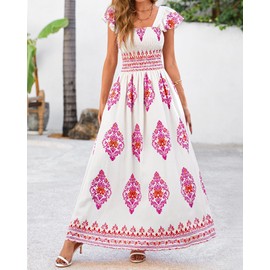 BTFBM Summer Dresses for Women 2025 Floral Smocked Boho Sleeveless Square Neck A Line Casual Beach Maxi Dress Pockets(Floral White Rose Red, XX-Large)